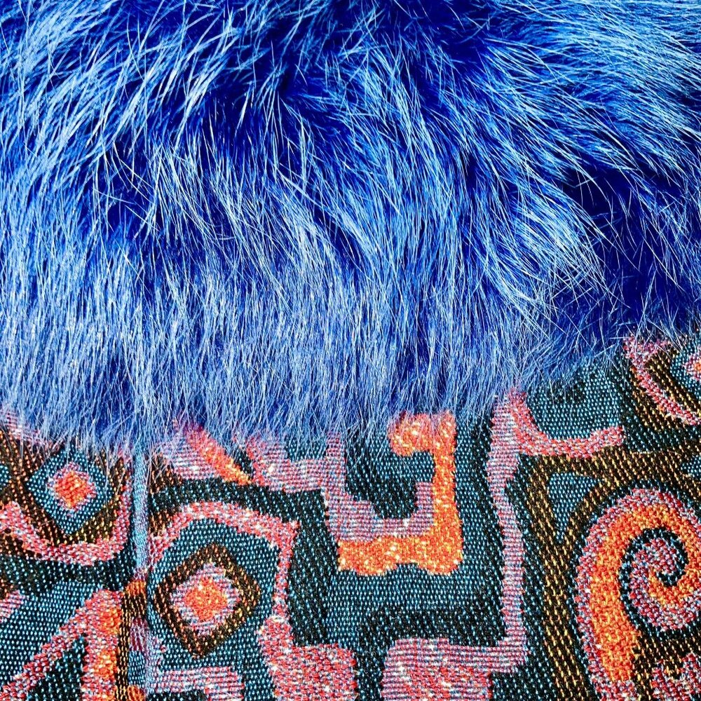 Custom Tailored in Italy Brocade Coat with Genuine Blue Fox Collar Size L - Picture 7 of 9